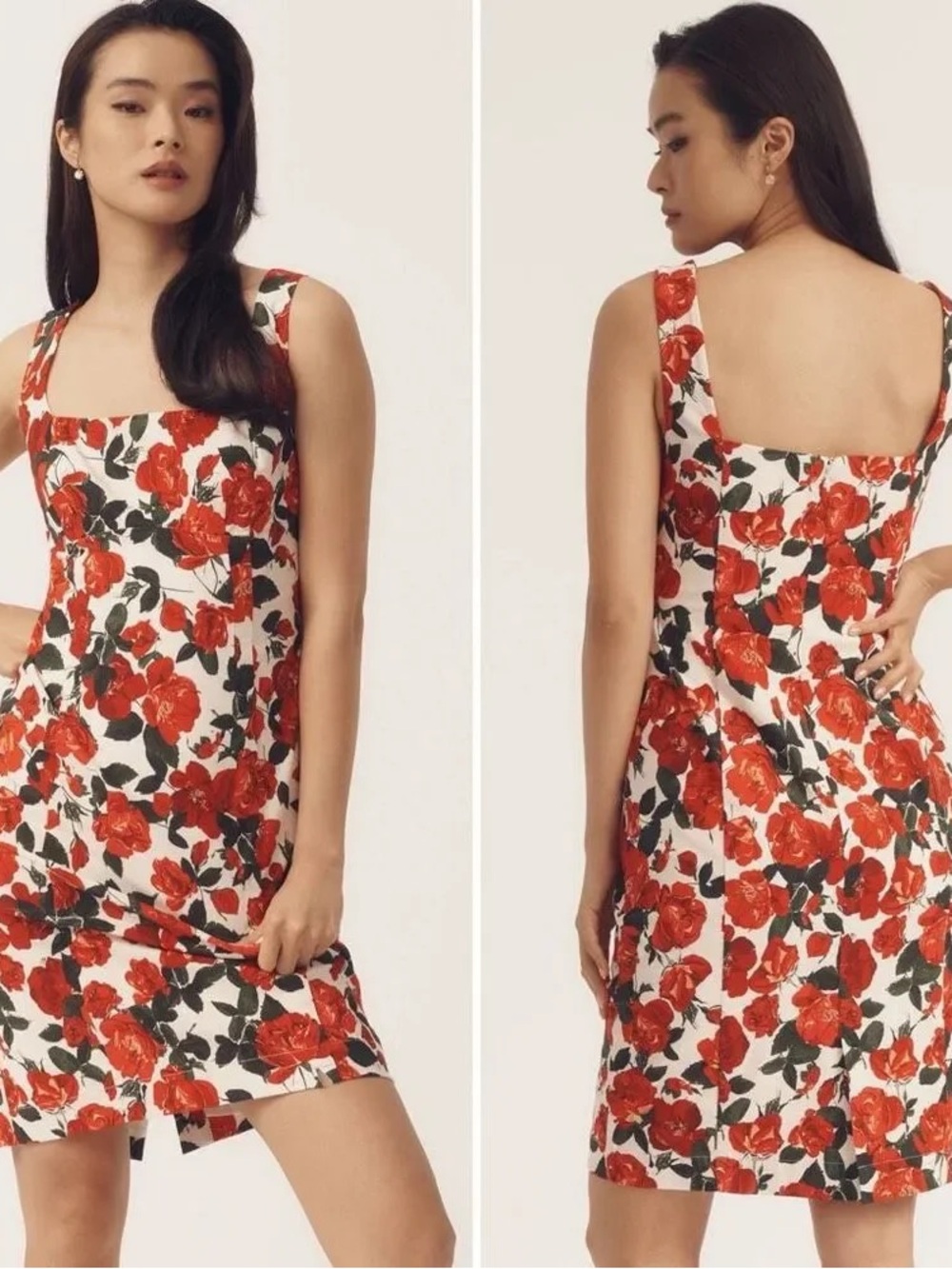 Maeve Red Green Floral Rose Square Neck Knee Length Pencil Dress NWT Size Medium